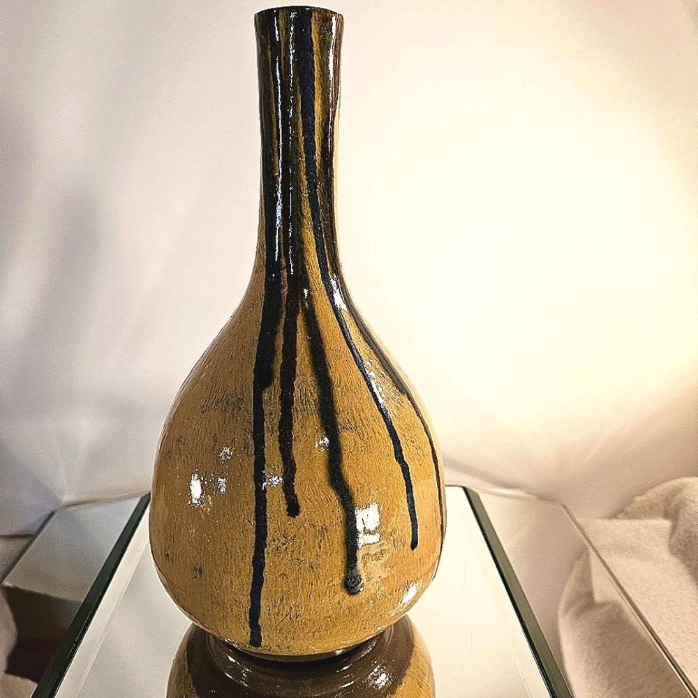 VTG Okinawa Ryūkyū  Stoneware Dripping Glazed Vase Signed By Artist Certificate
